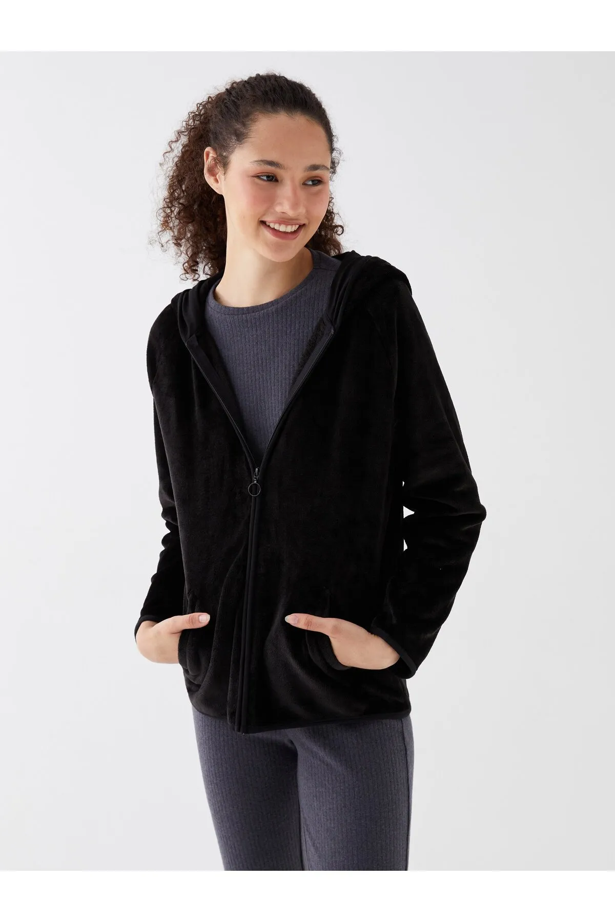 Long Sleeves  Double Plush Velour Long Sleeve Crew Dark Grey